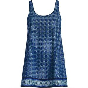 Land's End Plus Standard Scoop neck 1 piece navy cobalt mosaic Geo border Var